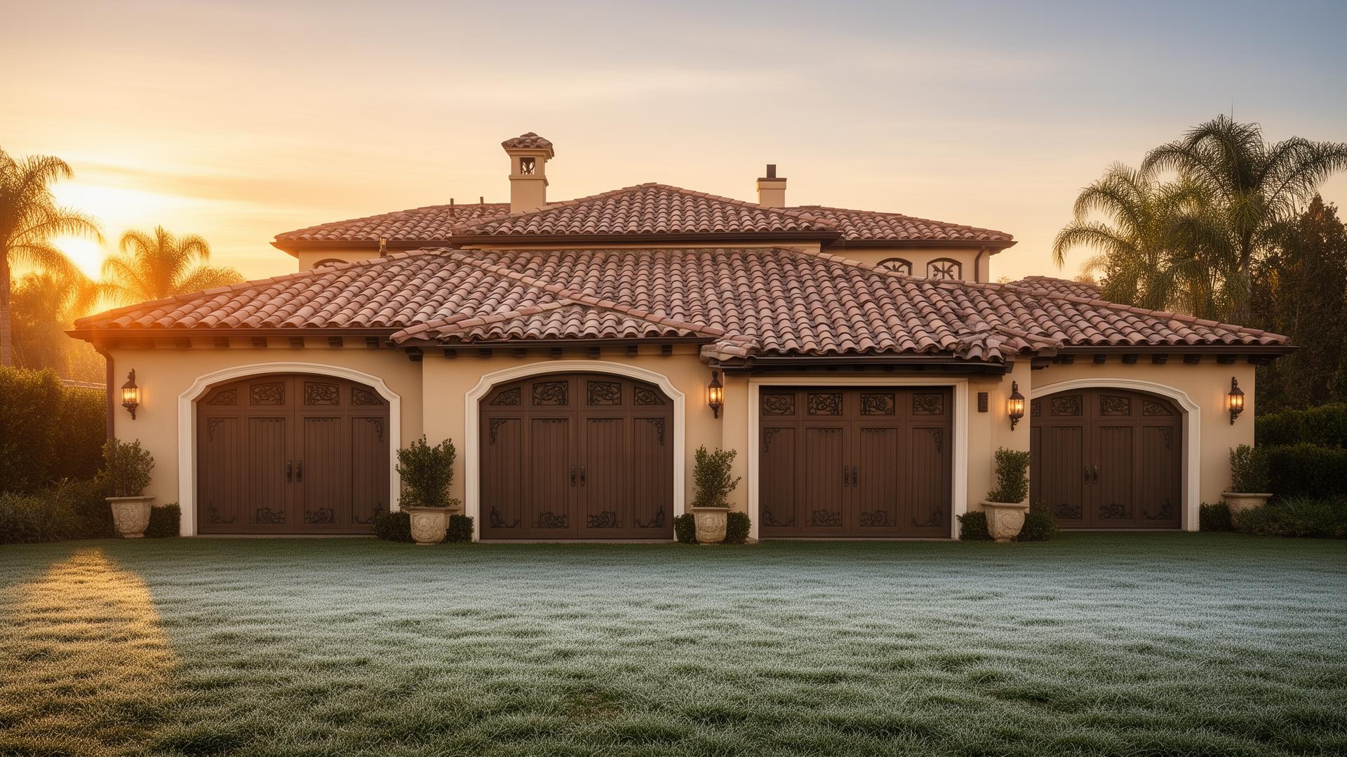 Luxury Mediterranean villa with Victorian style garage doors featuring ornate trim details